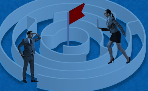 Women's Leadership Network Circuitous Career Logo - Two people in a circular maze trying to get to a flag in the center.